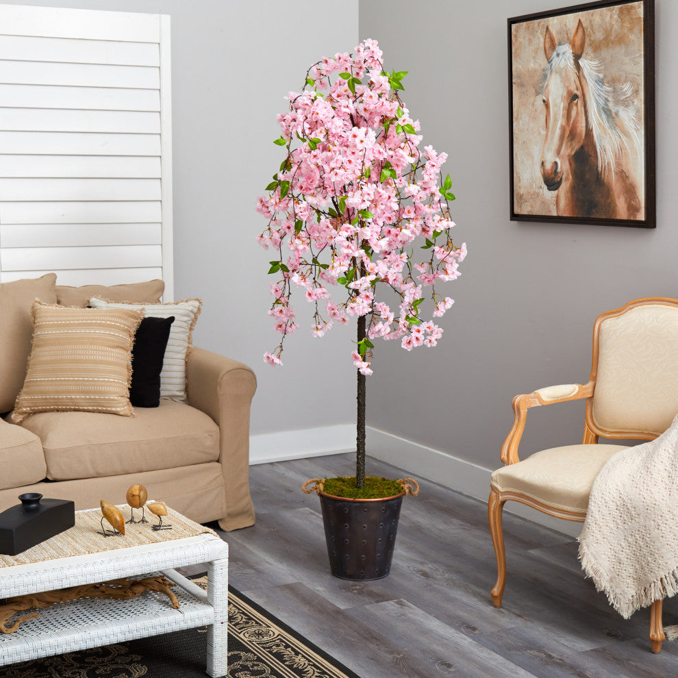 6' Cherry Blossom Artificial Tree, Decorative Metal Pail With Rope