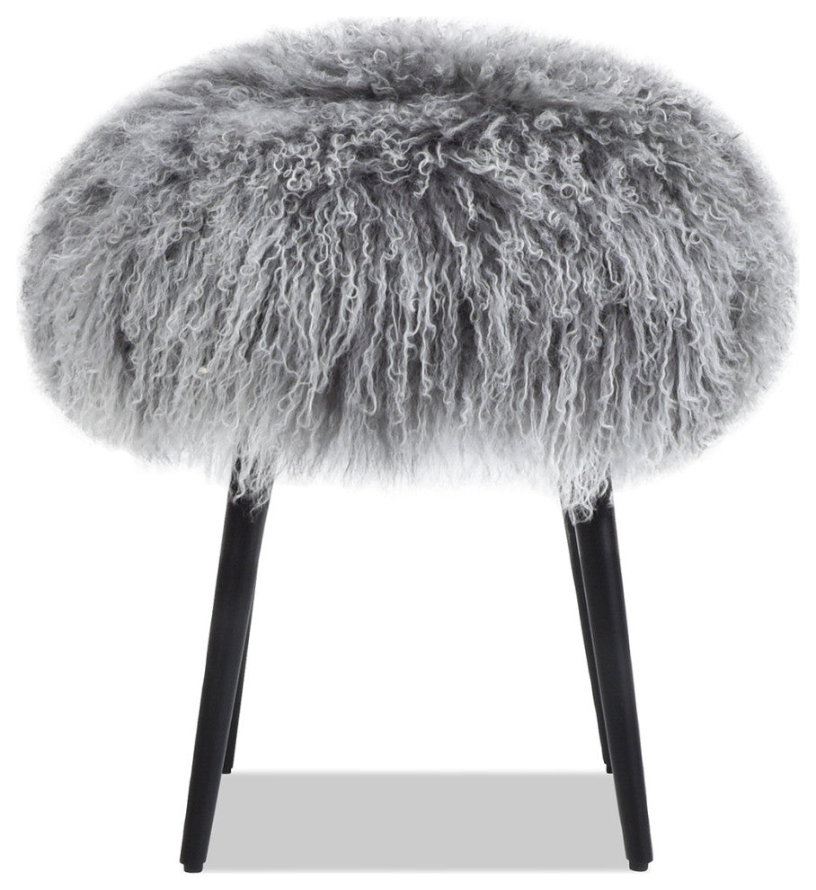 Alberta 16" Mongolian Sheepskin Genuine Fur Round Ottoman, Dimensional Gray