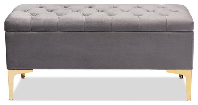 Grey Velvet Fabric Upholstered Gold Finished Button Tufted Storage Ottoman