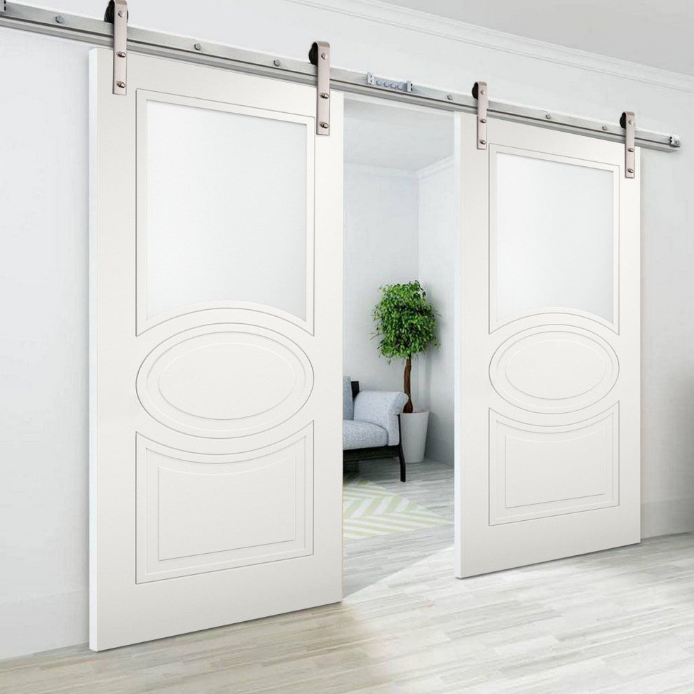 Double Barn Doors Opaque Glass / Mela 7012 Matte White / Silver 13FT, 48" X 80" ( 2* 24x80)