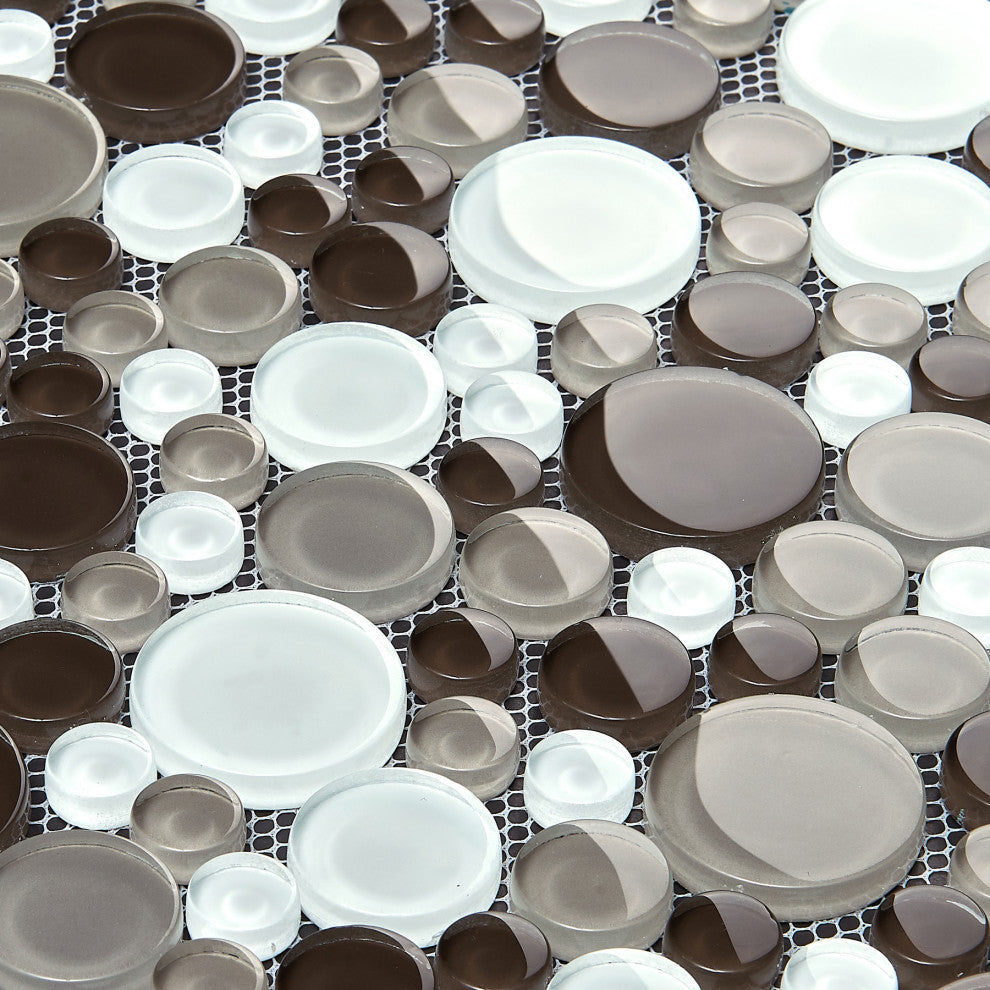 Glass Mosaic Tile, Bubble Collection, Tapioca, Mixed Rounds, 12"x12", Set of 50