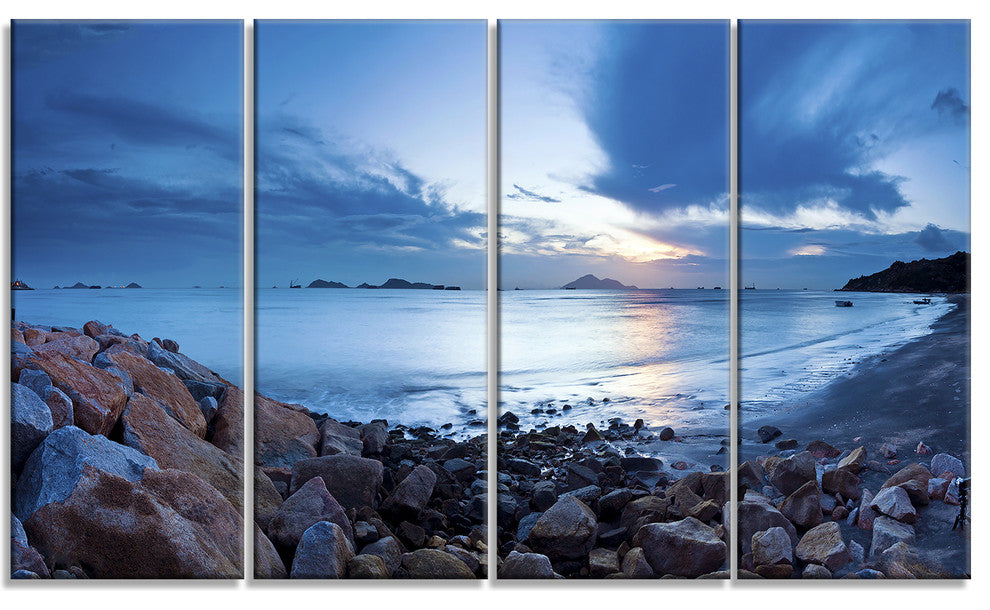 "Blue Sea Sunset on Sandy Coastline" Seascape Wall Art, 4 Panels, 48"x28"