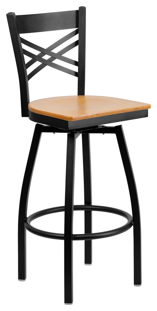 Black "X" Back Swivel Metal Barstool, Natural Wood Seat