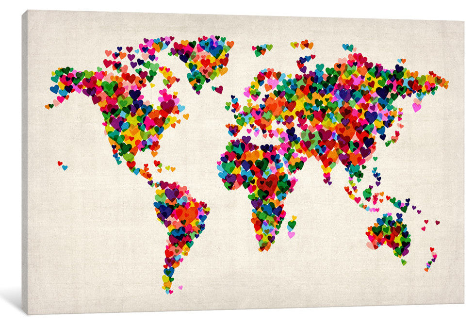 "World Map Hearts, Multicolor II" Wrapped Canvas Print, 26x18x1.5