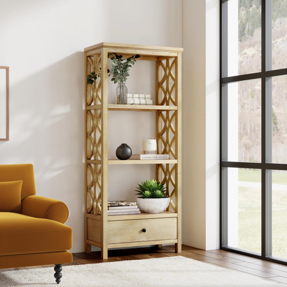 Lorena 30"W 3-Tier Etagere With Storage Drawer, Antique Beige