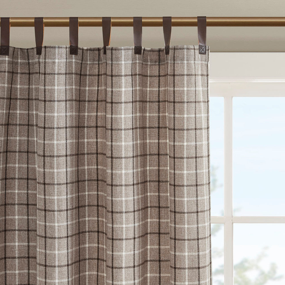 Madison Park Anaheim Plaid Window Panel with Fleece Lining, Beige, Brown, 50x84", Leather Tap Window Panel