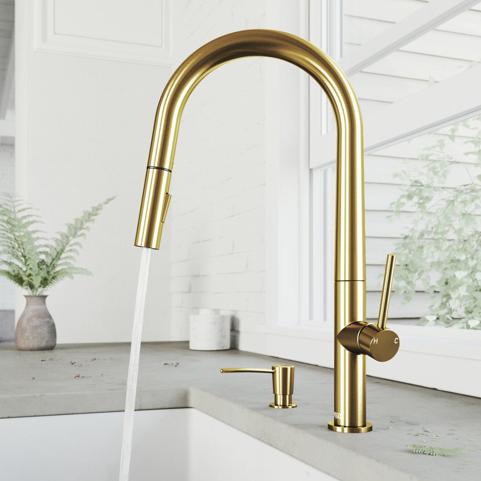 VIGO Greenwich 18" H Single Handle Pull-Down Sprayer Kitchen Faucet, Matte Brushed Gold, No Sensor, With Soap Dispenser