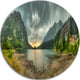 Mountain Chalet At Sunset Panorama, Landscape Round Metal Wall Art, 23"