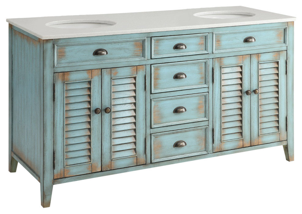 60" White Marble Blue Abbeville Cottage Double Sink Vanity Cf88324-60Bu