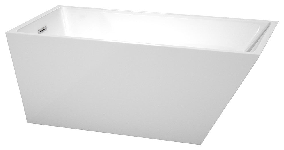 Hannah 59" Freestanding White Bathtub, Polished Chrome Drain and Overflow Trim
