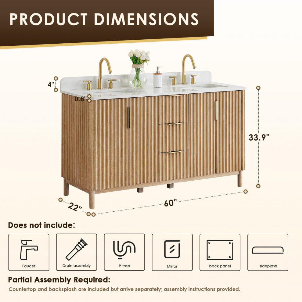 Sierra Bathroom Vanity, Washed Light Brown, 60inch, Without Mirror