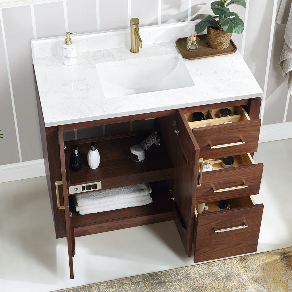 San Bath Vanity with Stone Top, Natural Walnut, 42", Single Vanity, No Mirror