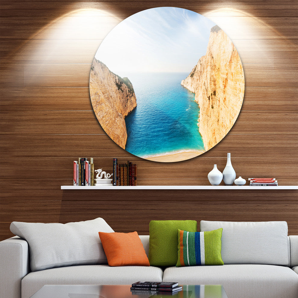 Blue Sea In Between Big Rocks, Seashore Large Disc Metal Wall Art, 23"