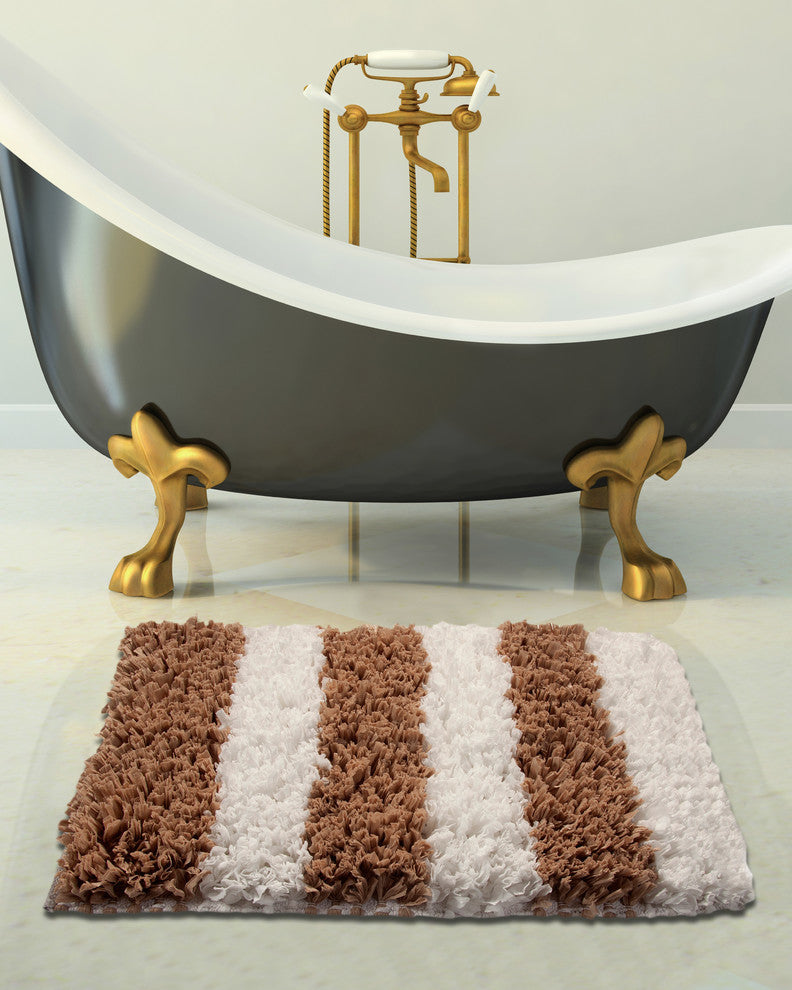 Bath Rug Polyester/Viscose/Cotton Hand Loom Woven, 50"x30", White and Beige