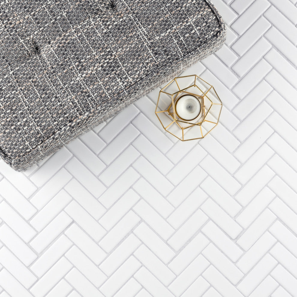 Metro Brick Herringbone Glossy White Porcelain Floor and Wall Tile