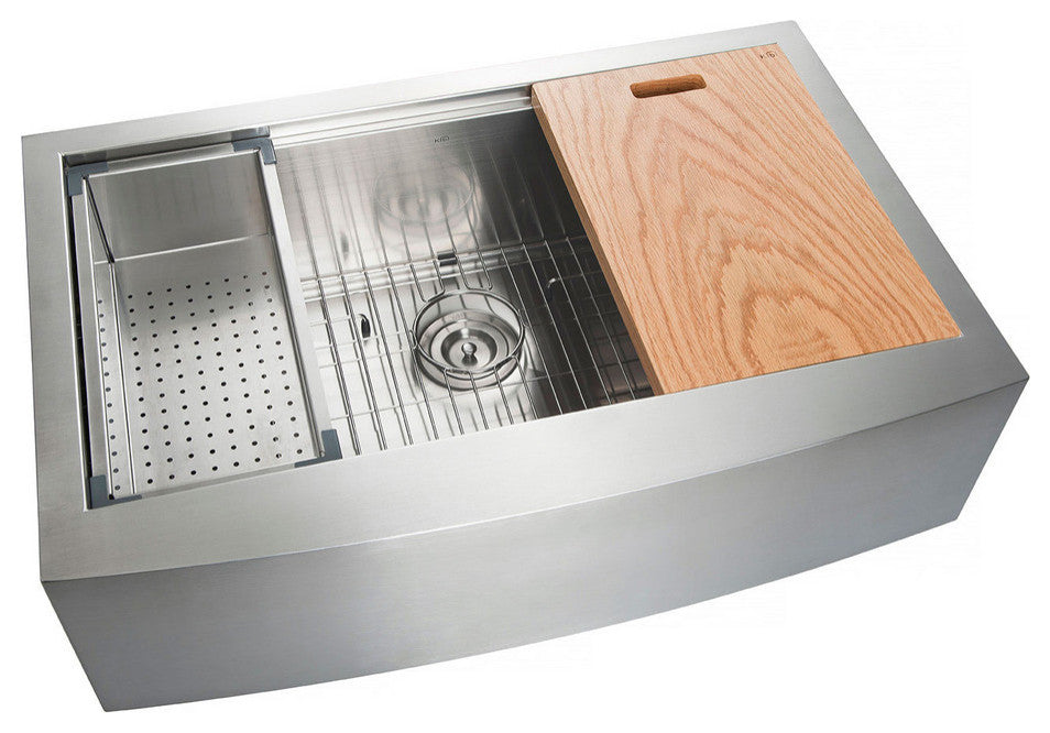 KIBI Farmhouse Apron Single Bowl Stainless Steel Workstation Kitchen Sink, 36"