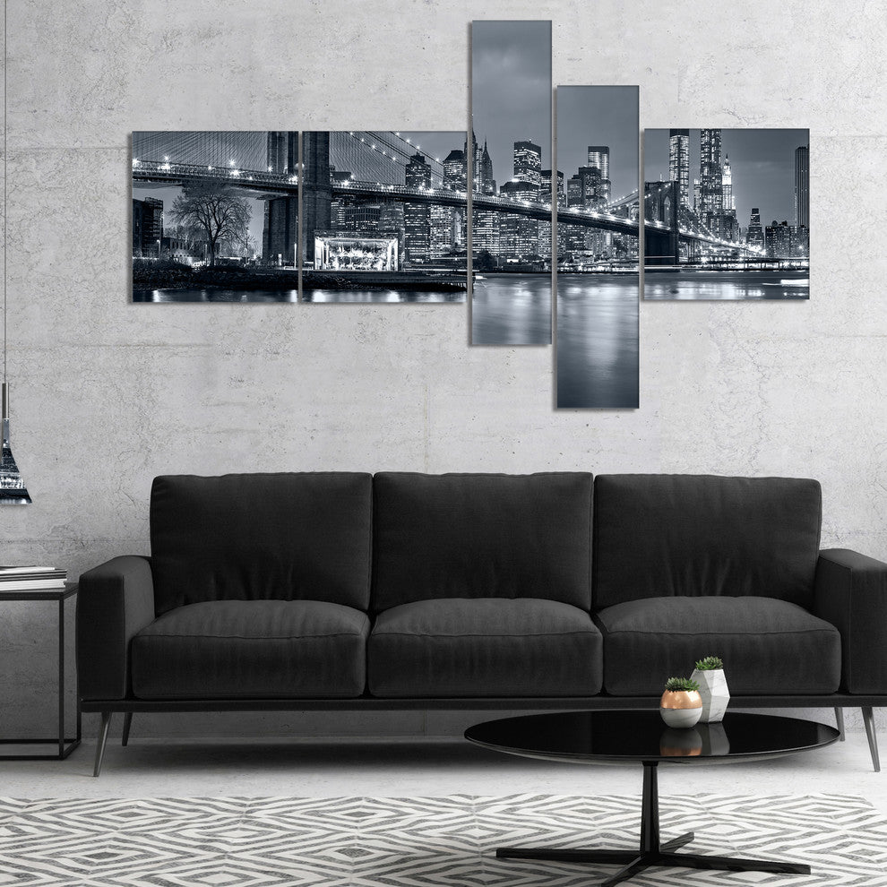 Panorama New York City at Night, Cityscape Canvas Print, 60"x32", 5 panels