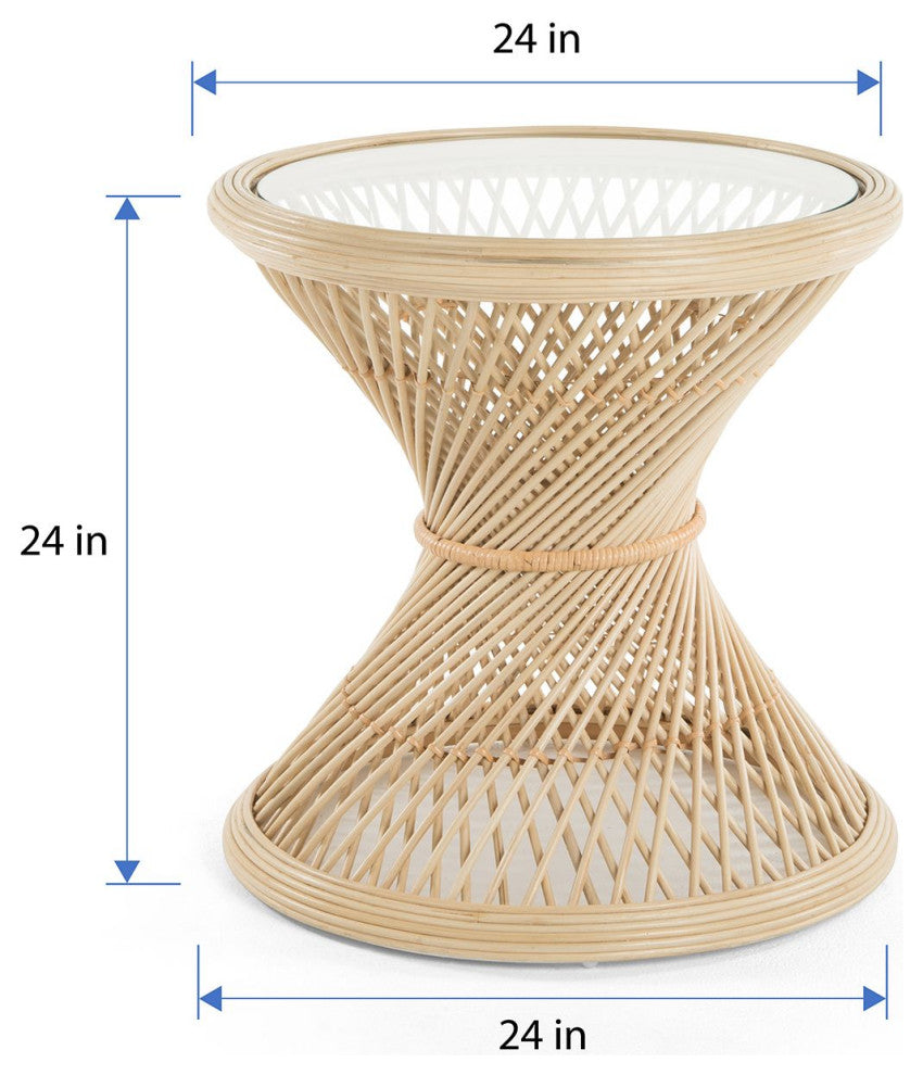 Peacock Rattan Side Table With Glass Top, Natural-Brown