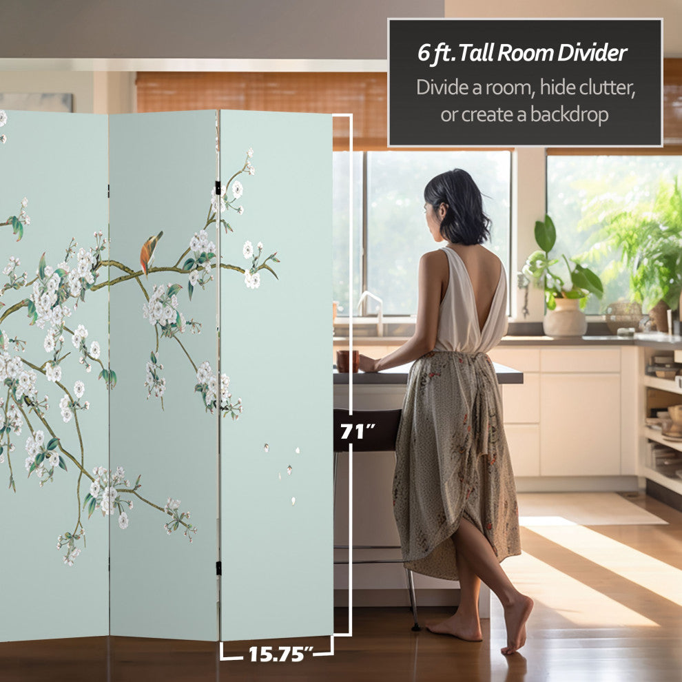 6' Tall Double Sided Birds and Plum Blossoms Canvas Room Divider