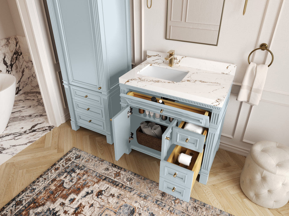 Paris 36" Left Offset Bathroom Vanity, Blue Heather 2" Carrara Quartz