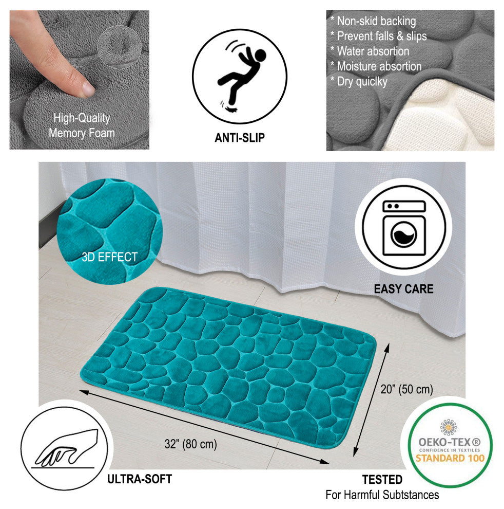 Bath Rug Memory Foam Mat 3D Pebble 32"x20", Peacock Blue, Bath Mat