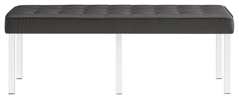 Loft Tufted Large Upholstered Faux Leather Bench Silver Gray