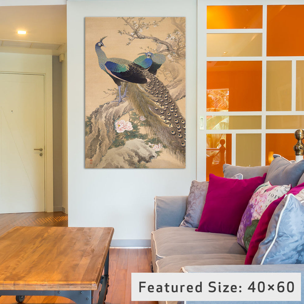 "A Pair Of Peacocks In Spring" Wrapped Canvas Art Print, 26x18x1.5