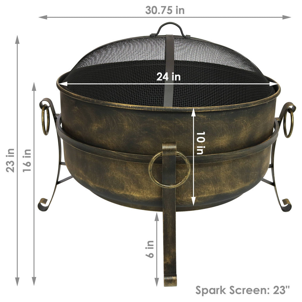 Sunnydaze Black Steel Outdoor Cauldron Fire Pit With Spark Screen, 24"