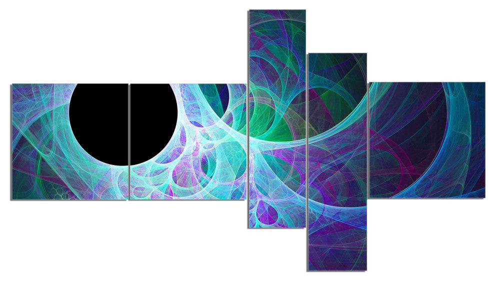 Blue Angel Wings on Black, Abstract Wall Art Canvas, 60"x32", 5 panels