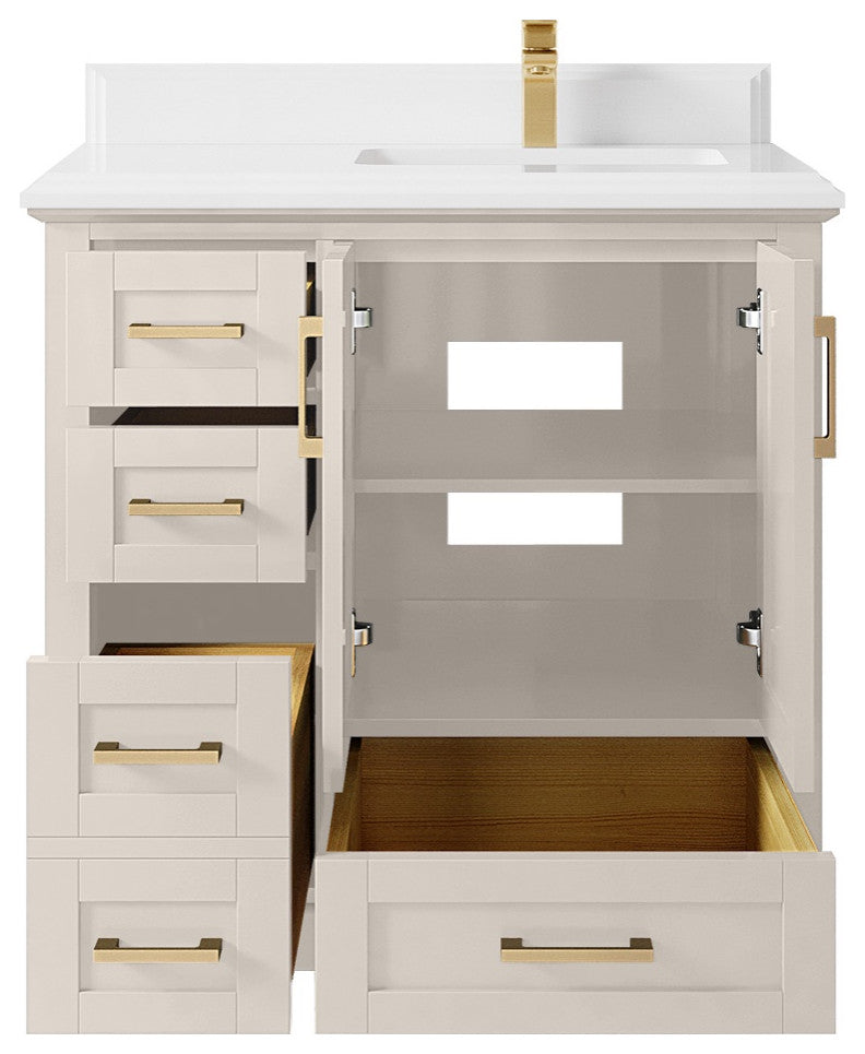 Boston 36" Right Offset Bath Vanity in Fine Grain 1.5" White Quartz