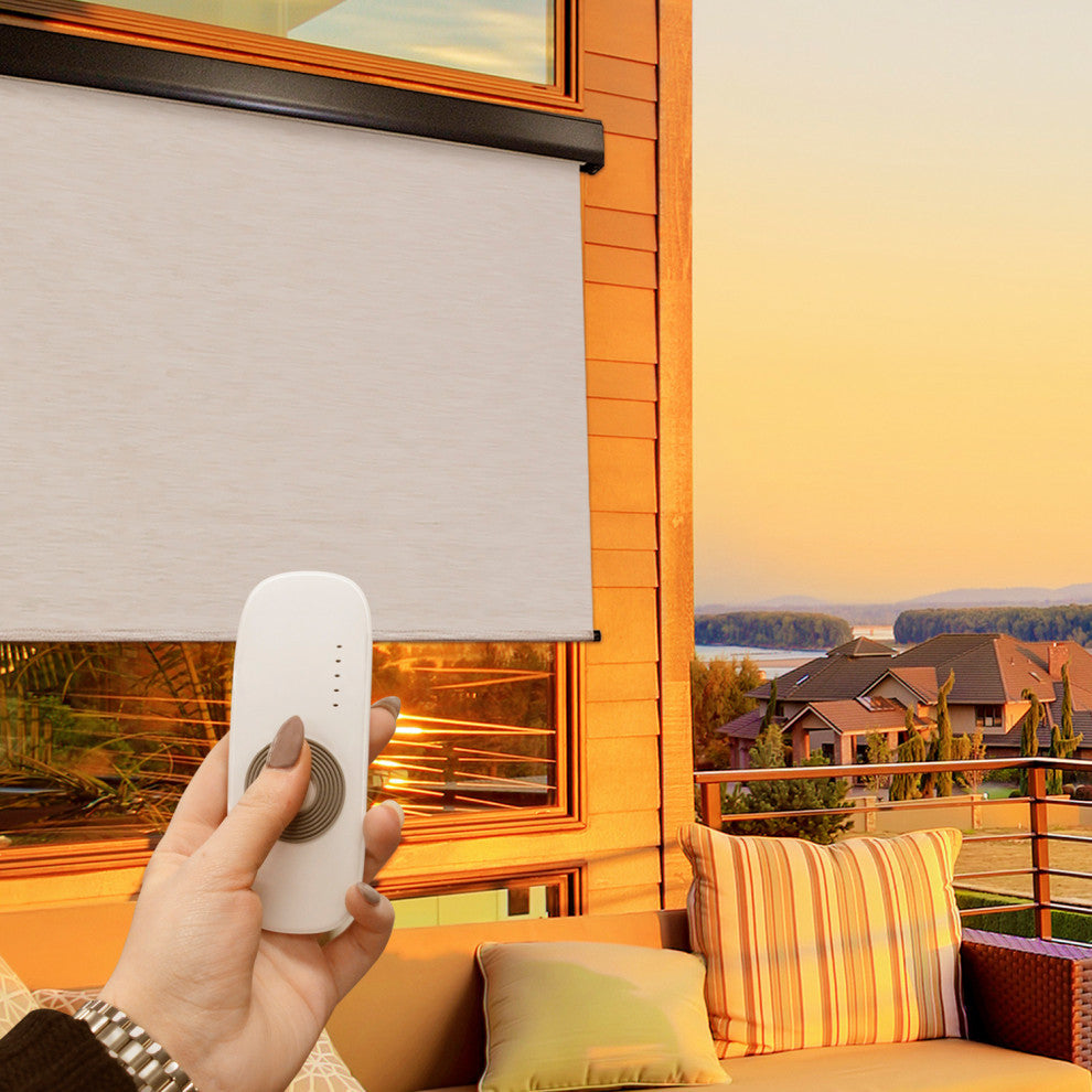 Outdoor Valanced Remote Control Operated Sunshade, Pearl Fabric, Pearl, 120x96