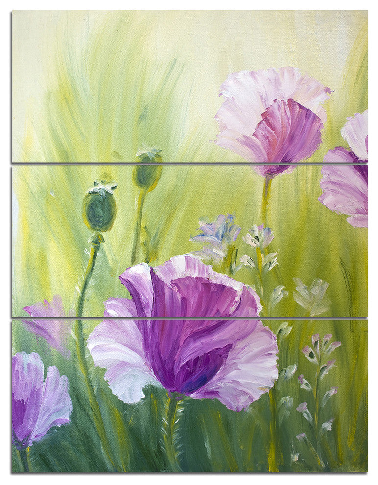 "Purple Poppies in Morning" Glossy Metal Wall Art, 3 Panels, 28"x36"