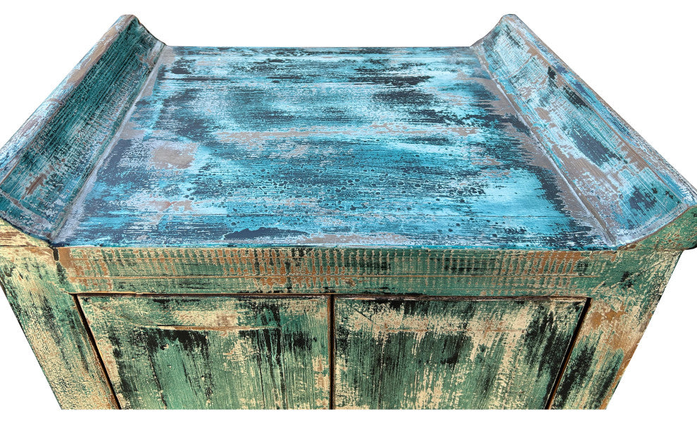 Distressed Teal Green Narrow Point Edge Side Table Credenza Cabinet