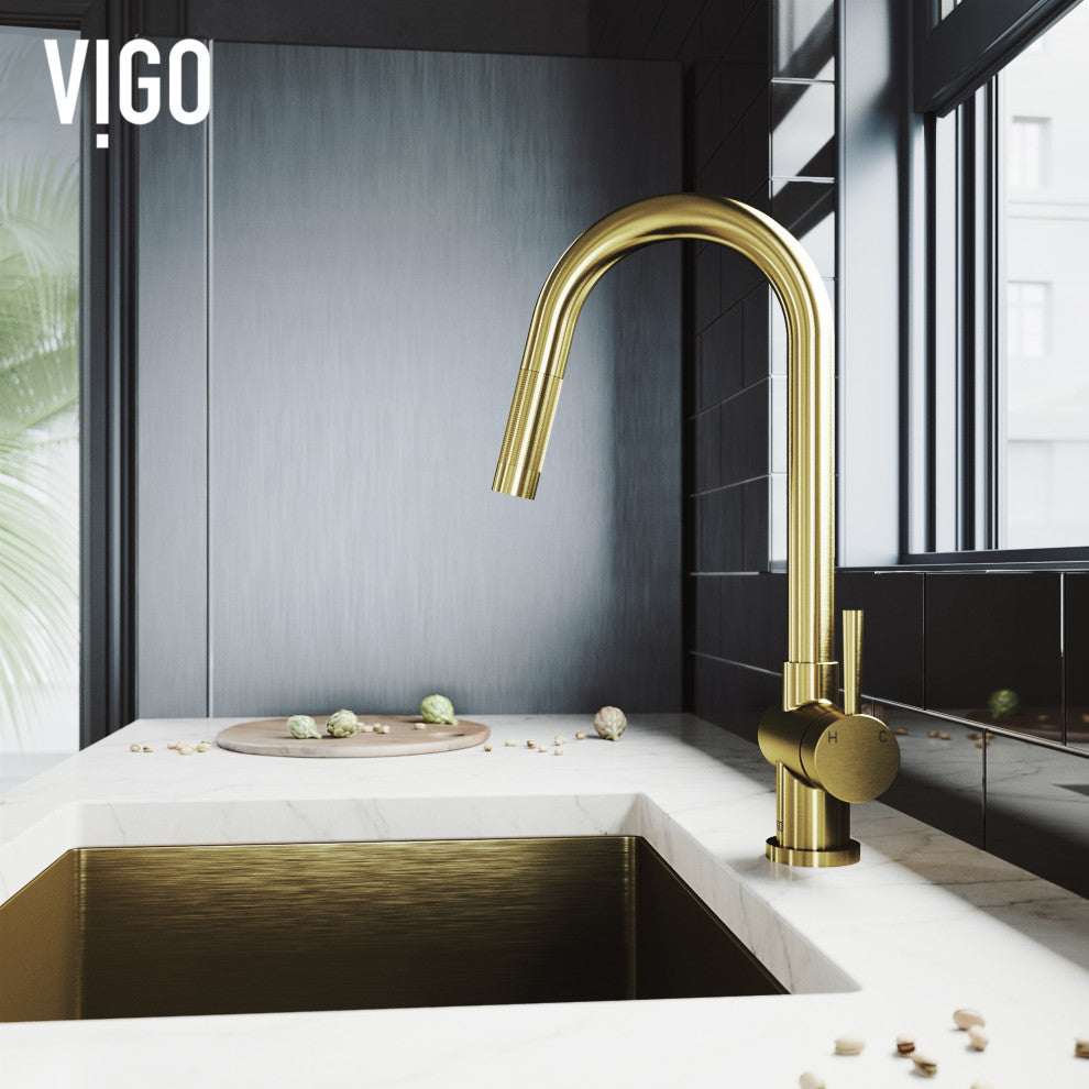 VIGO Gramercy 17" H Single Handle Pull-Down Sprayer Kitchen Faucet, Matte Brushed Gold, No Sensor, Without Extras
