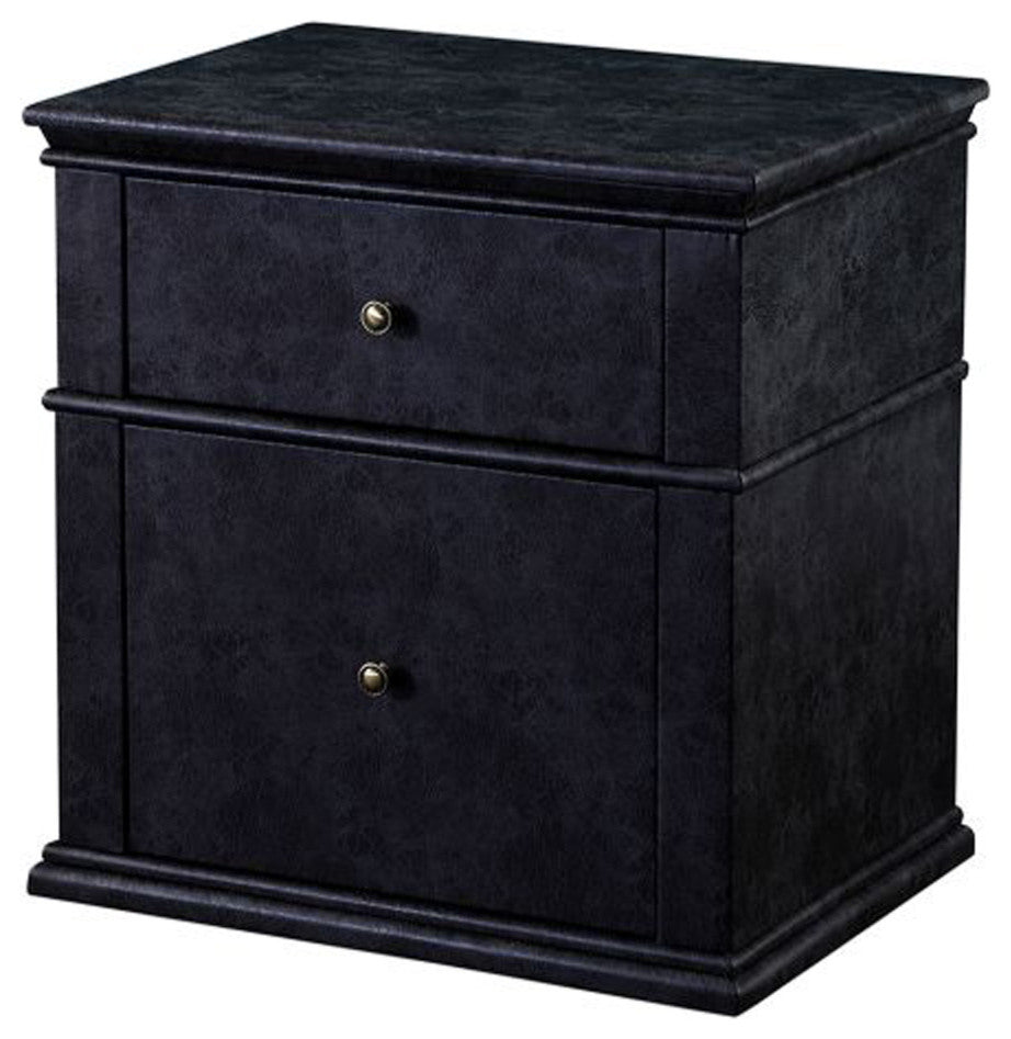 Benzara BM194584 Leather Wooden Nightstand with Two Drawers, Dark Gray