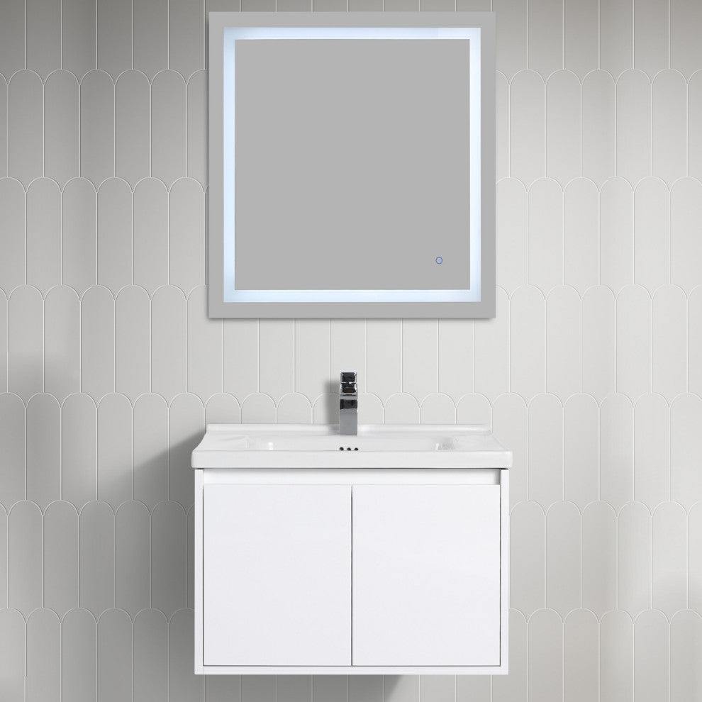 Wall Mounted Bathroom Vanity, Glossy White, 28'' W/ Sink