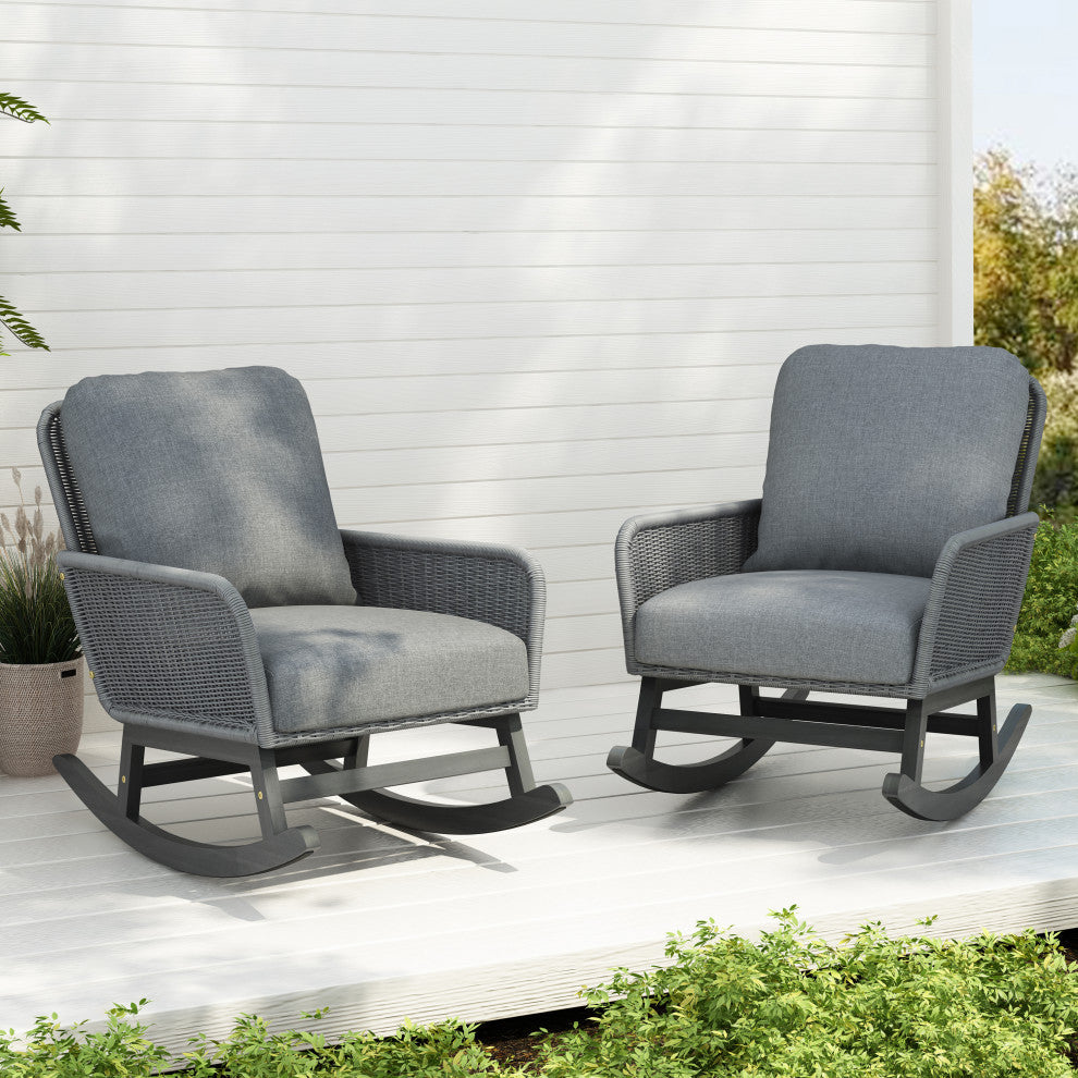 GDF Studio Outdoor PE Rattan Rocking Chair With Cushions, Gray, Set of 2