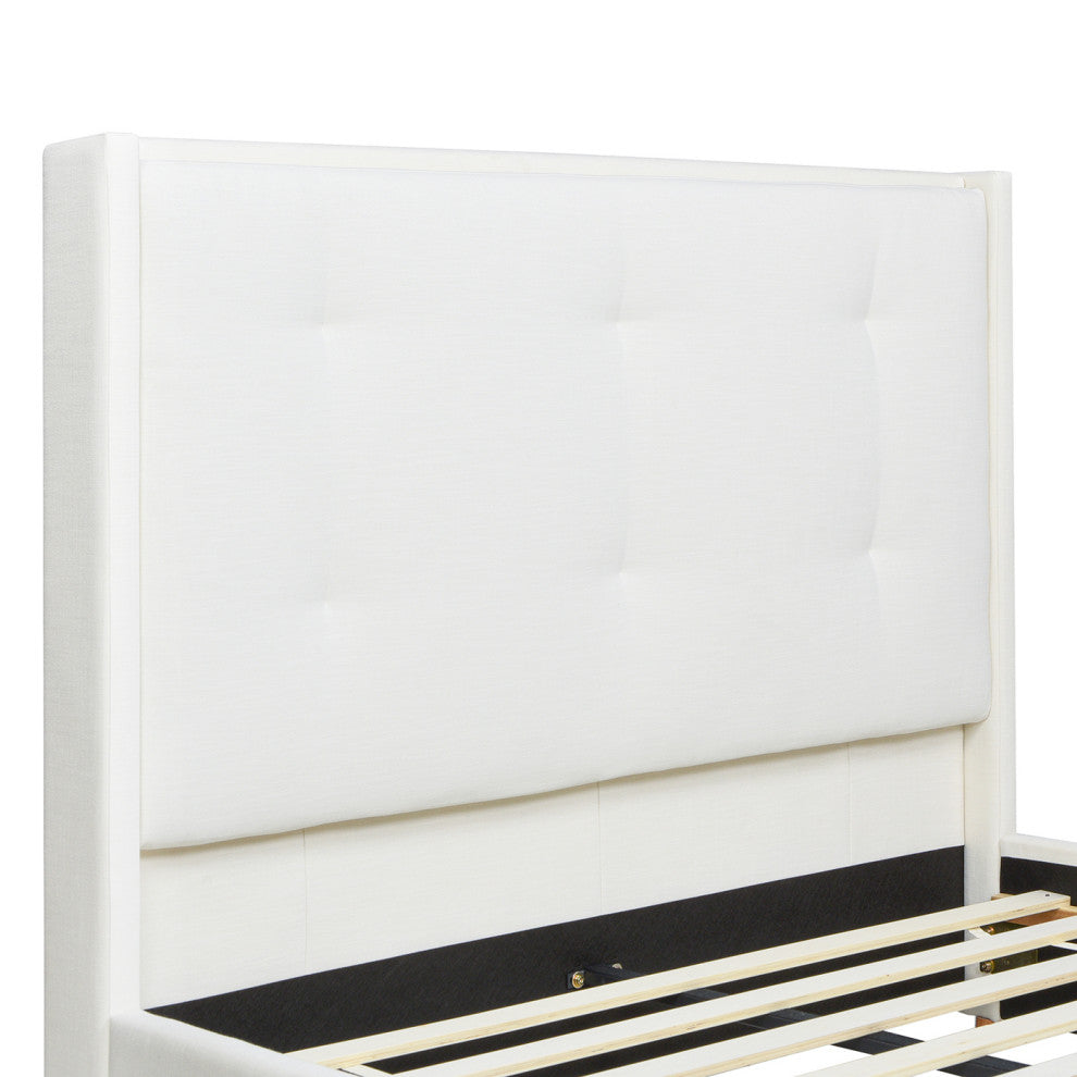 Miramar Cushion-Back Headboard Platform Bed Frame, Antique White Polyester, Queen