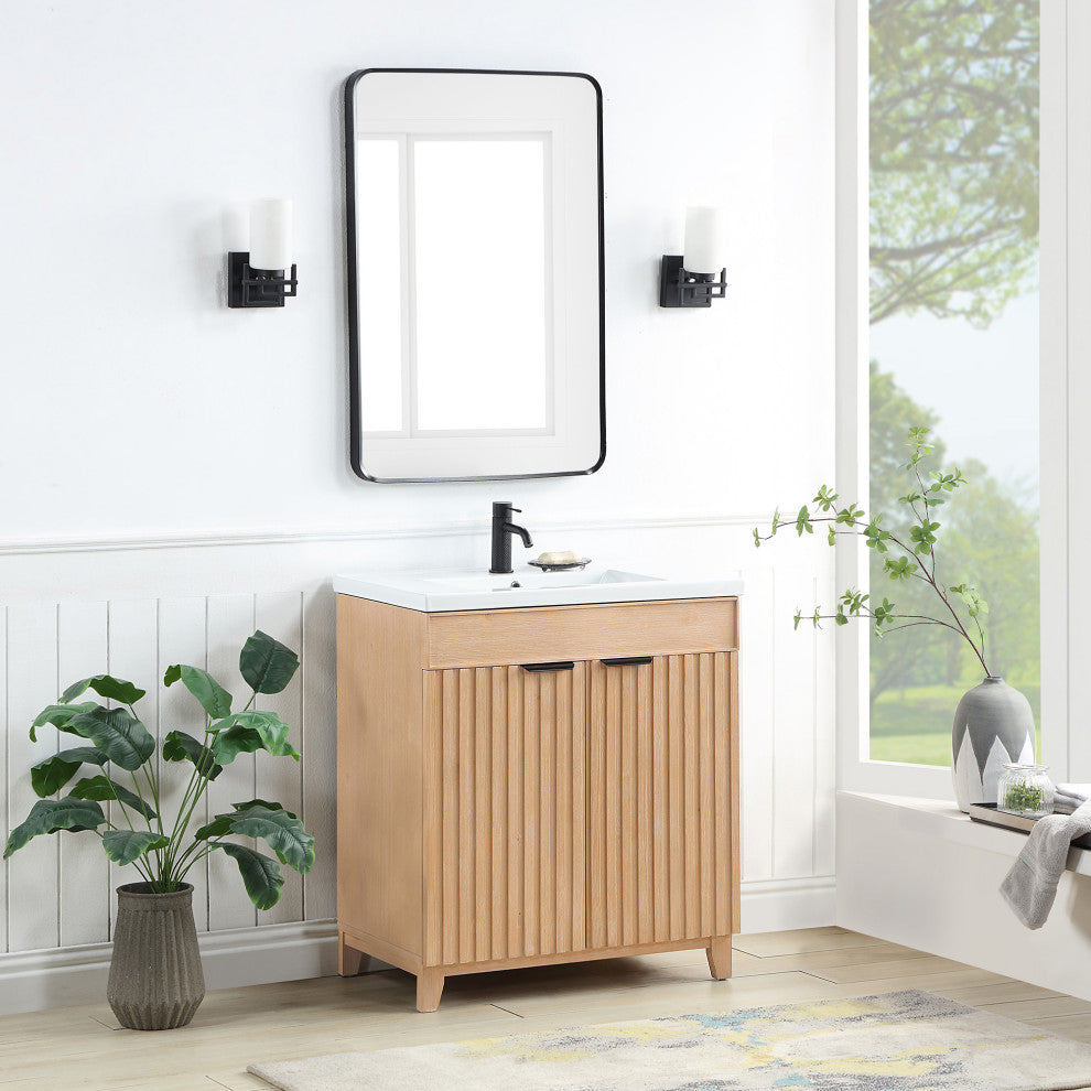 Palos Bathroom Vanity, Fir Wood Brown, 30", Ceramic Top, No Mirror