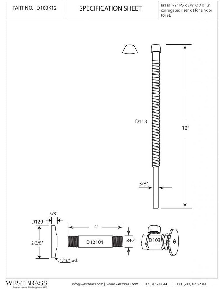 Supply Kit - 1/2" Ips X 3/8" Od X 12" Corrugated In Oil Rubbed Bronze, Oil Rubbed Bronze