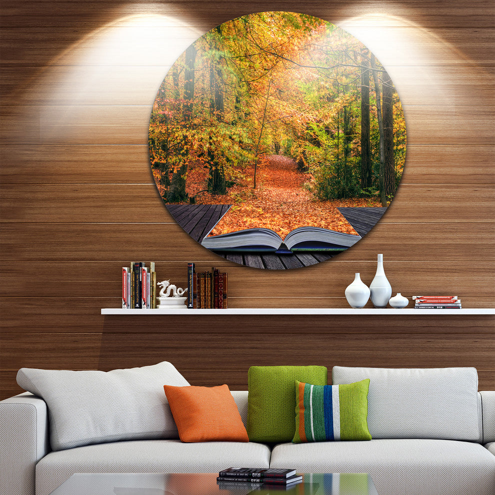 Open Book In Autumn, Landscape Contemporary Round Wall Art, 11"