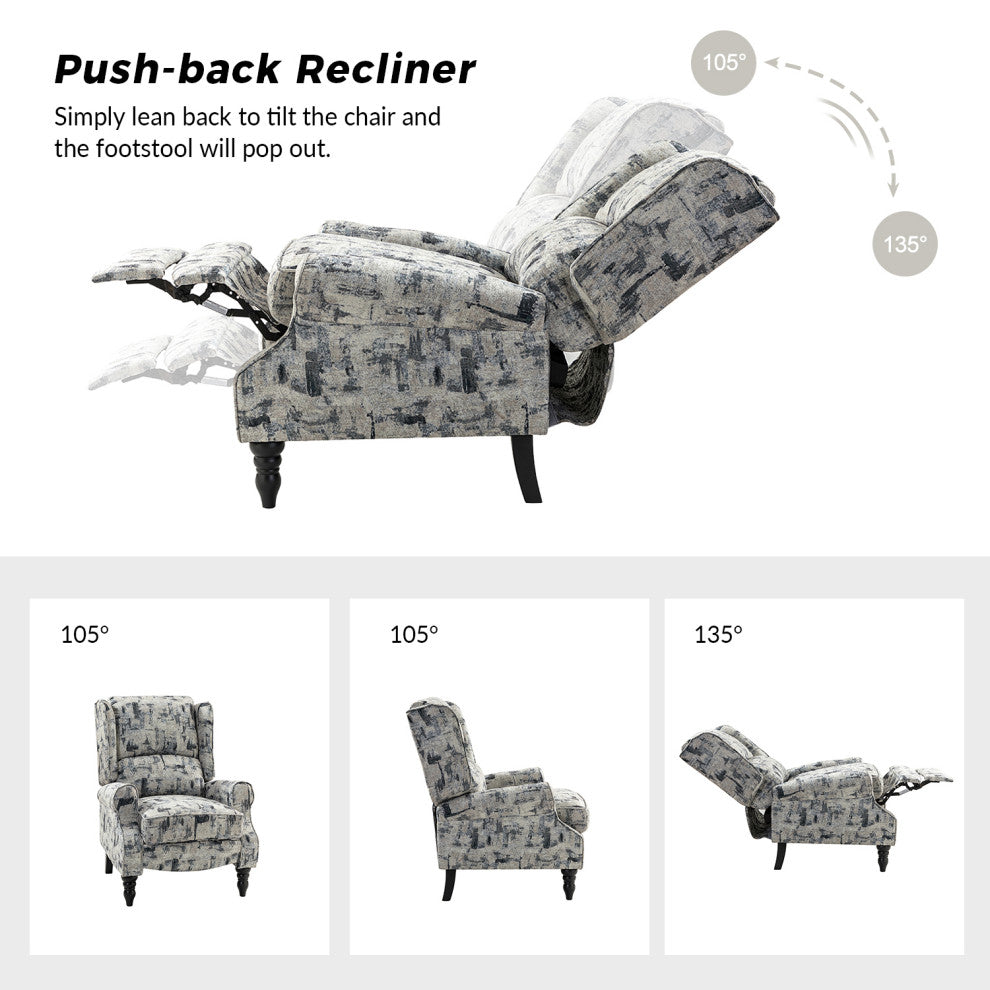 Modern Push-Back Plaid Recliner with Rolled Armrest, Gray