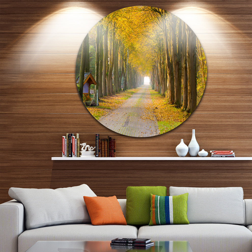 Country Road Below Yellow Trees, Landscape Photo Round Wall Art, 11"