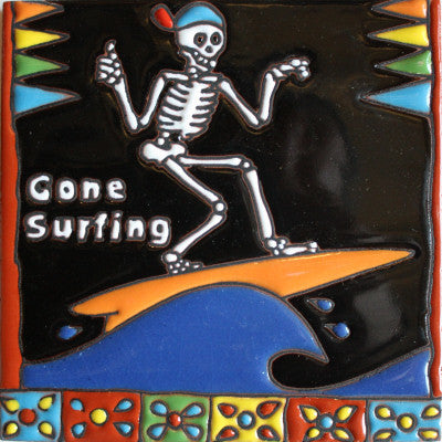 6x6 Gone Surfing. Day-Of-The-Dead Clay Tile