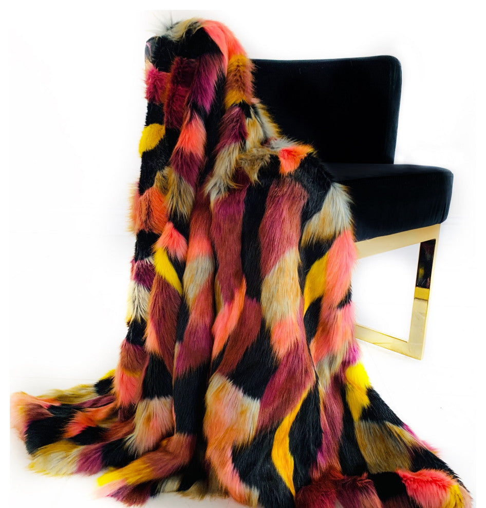 Plutus Burgundy Black Exotic Parrot Faux Fur Luxury Throw Blanket, 90"x90"