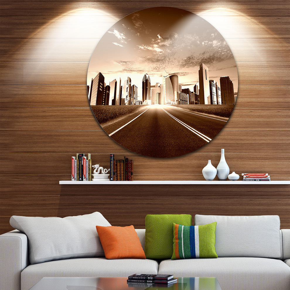 Modern City And Road, Cityscape Round Metal Wall Art, 36"