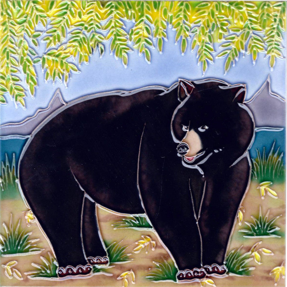 8x8" Black Bear With Tree Ceramic Art Tile Hand Painted Trivet Hot Plate