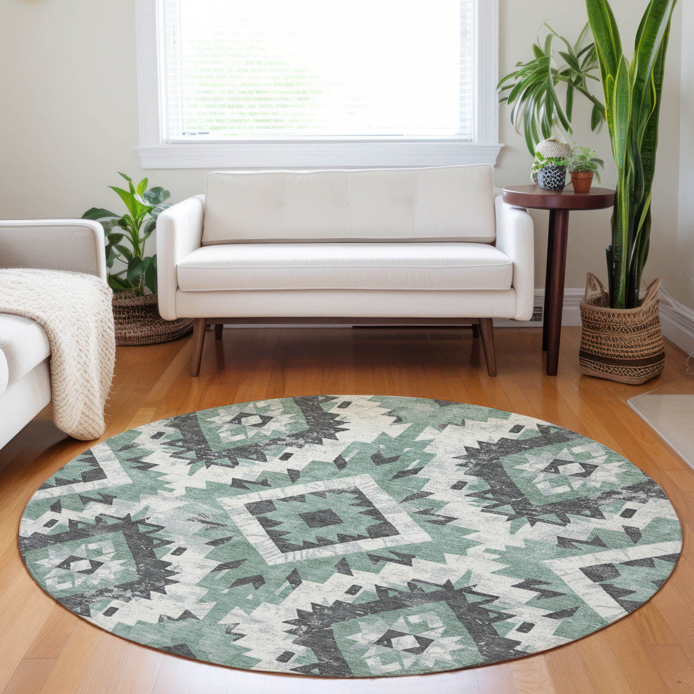 Machine Washable Indoor/Outdoor Chantille ACN1878 Teal 8' x 8' Round Rug