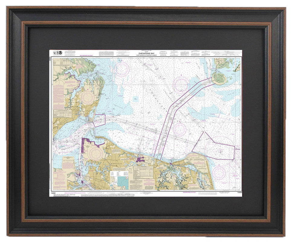 Poster Size Framed Nautical Chart; Cape Charles to Norfolk Harbor