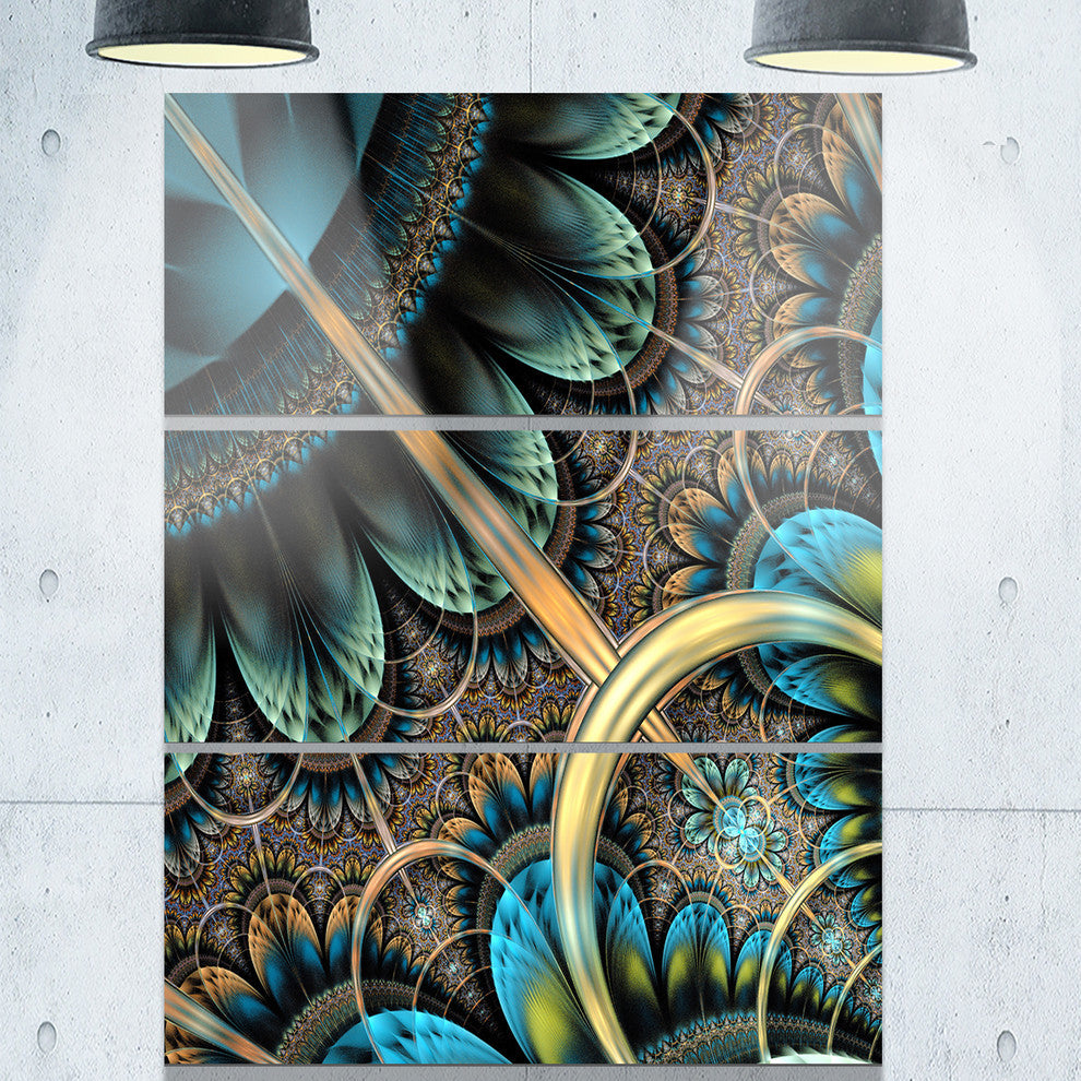 "Blue Brown Fractal Floral Pattern" Metal Wall Art, 3 Panels, 28"x36"